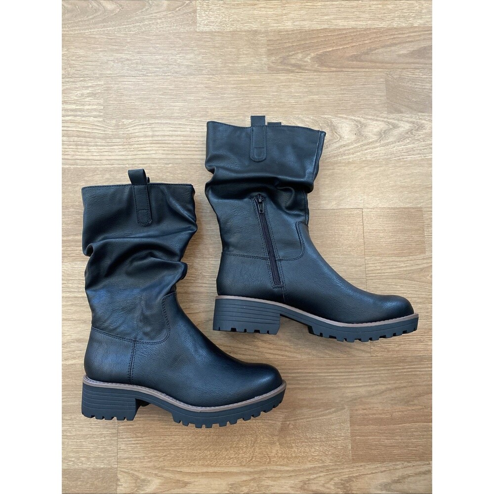 Sun + Stone Nelliee Black Slouch Mid Calf Lug Sole Boots Size 7 Trendy - Picture 2 of 10